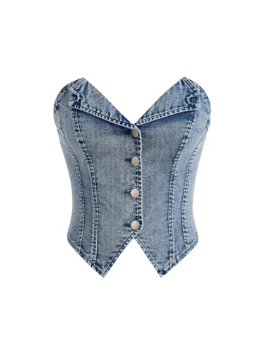 WDIRARA Women's Button Down Denim Tube Tops Y2k Asymmetrical Crop